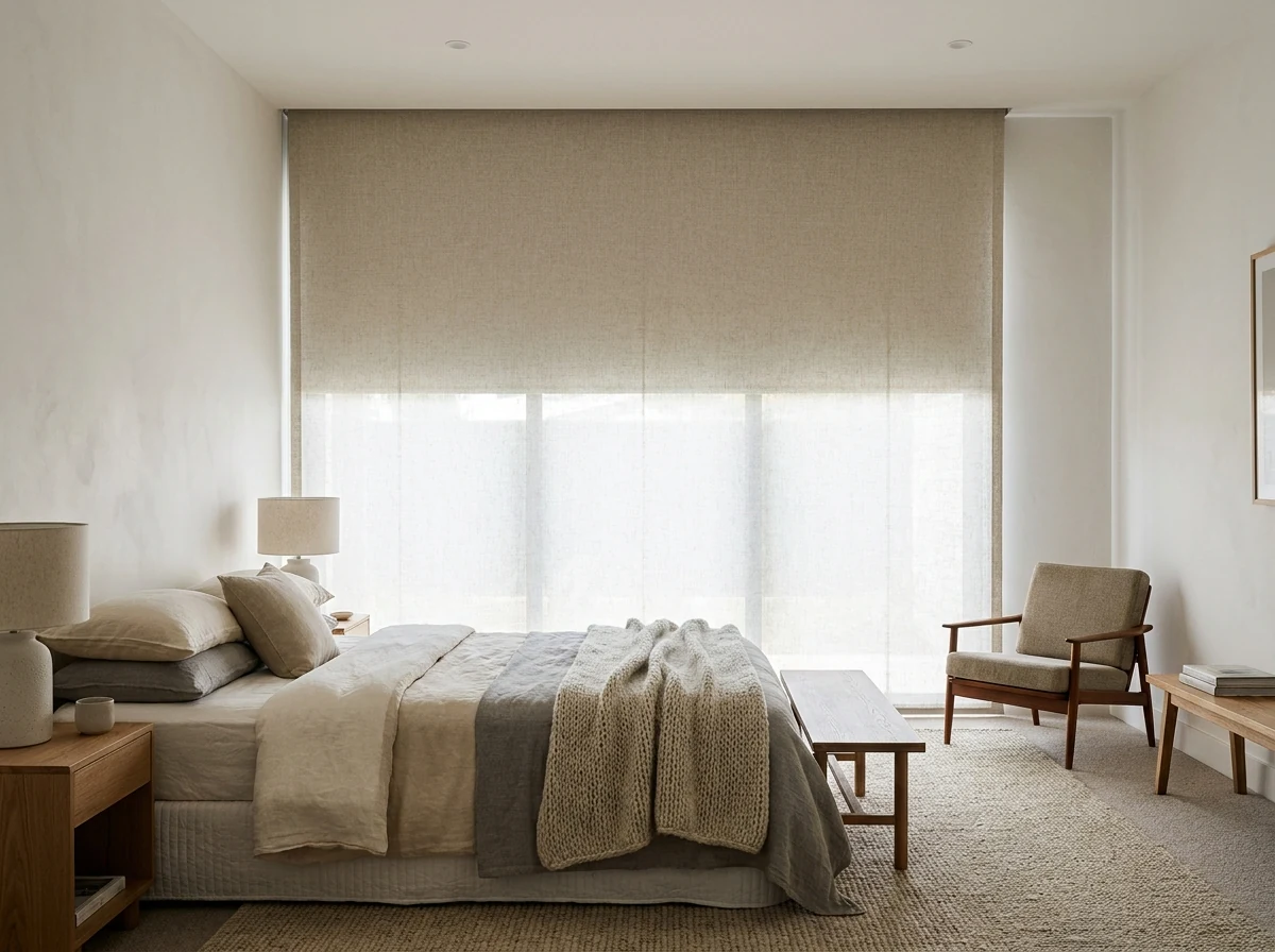 Main bedroom in a Midstream Estate home with a full-width blockout roller blind