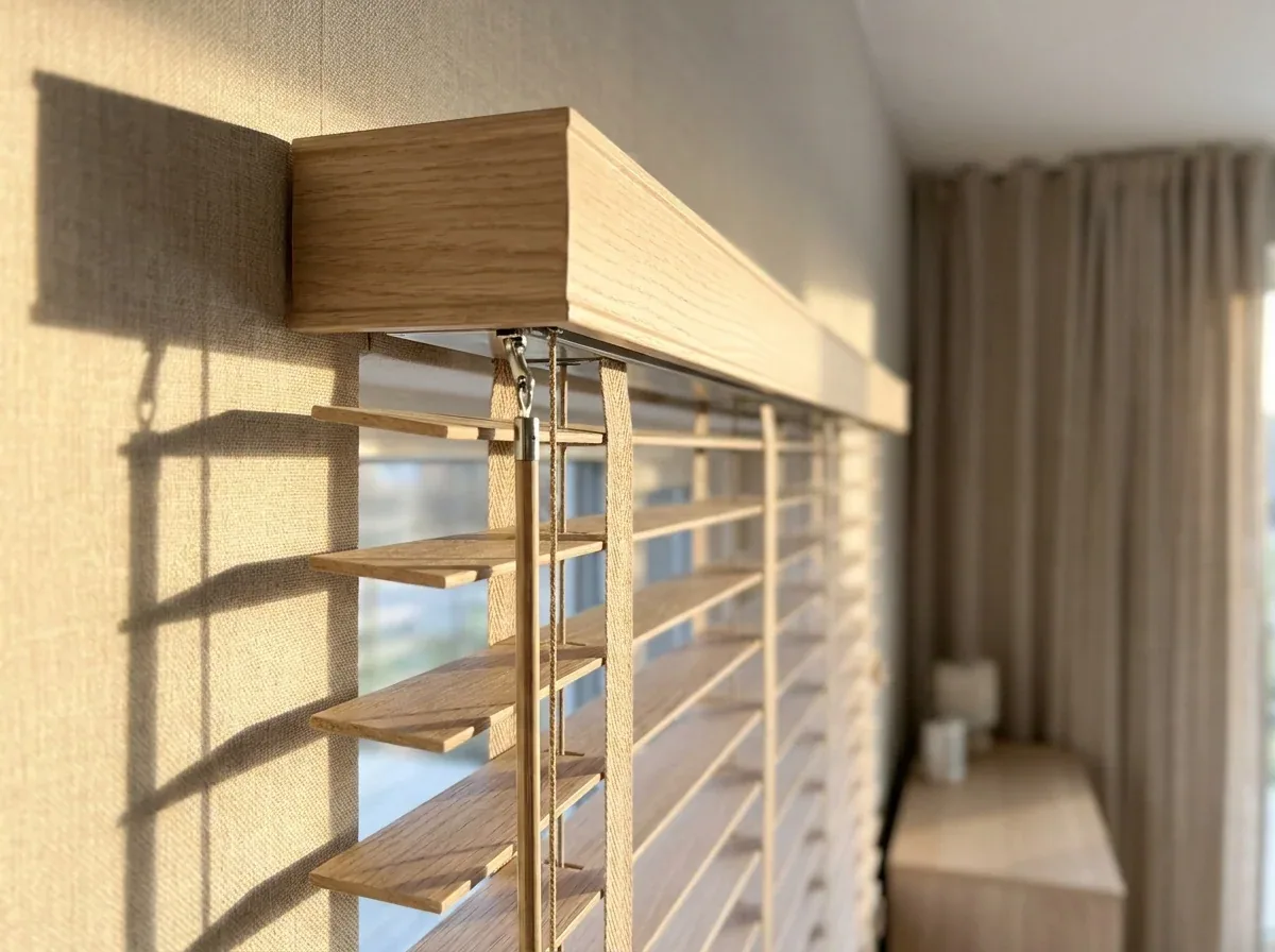 Close-up of a timber venetian headrail, cords and tilt mechanism being serviced