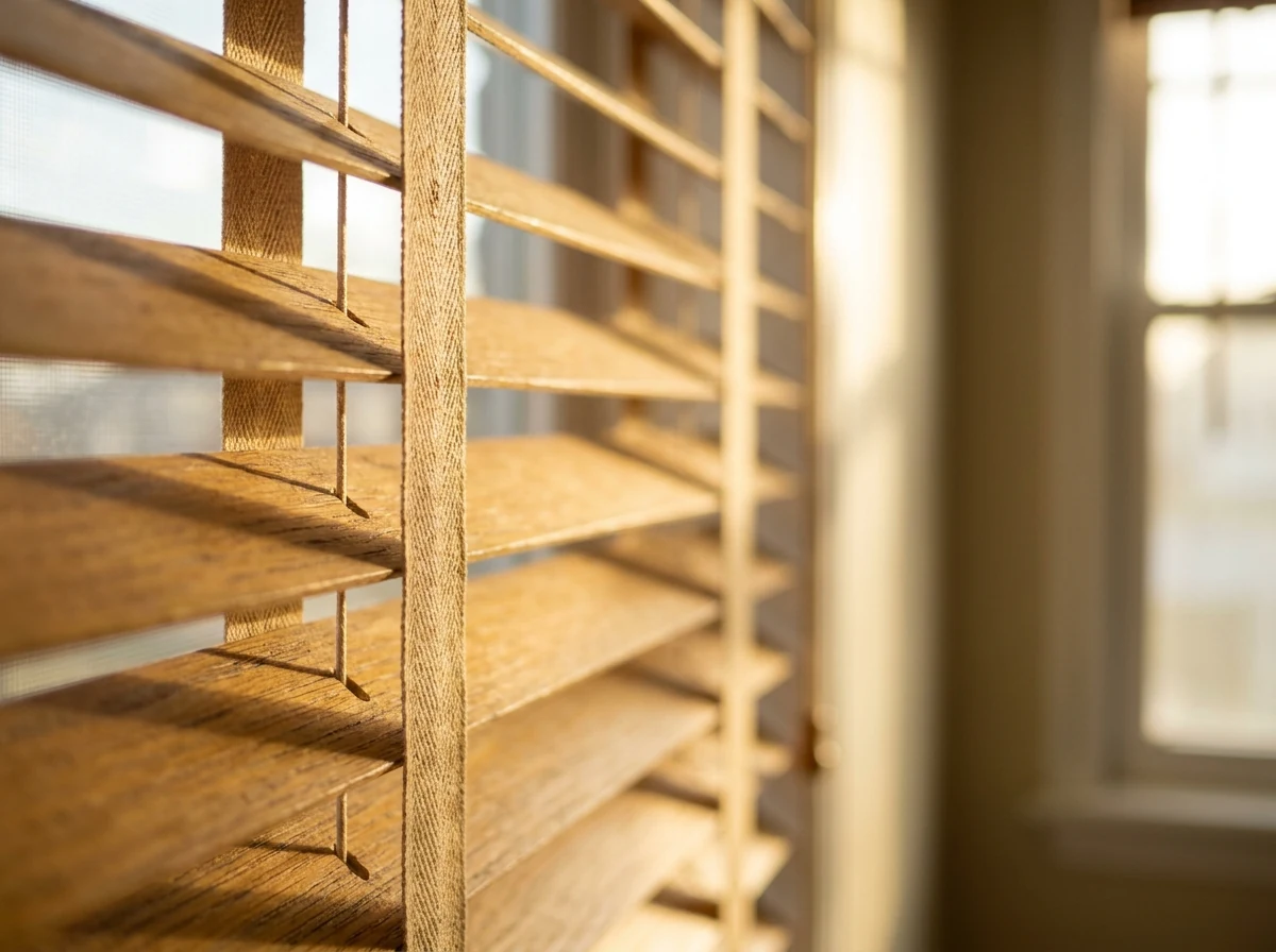 Close-up of timber venetian slats and ladder tape in warm light