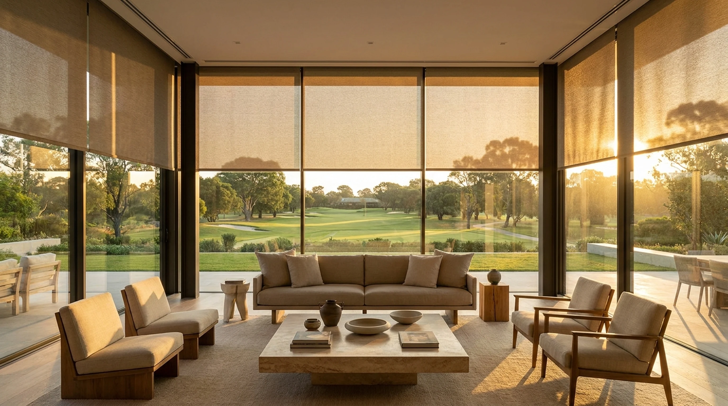Sunscreen roller blinds on floor-to-ceiling glass in an upscale open-plan lounge overlooking the Southdowns Estate golf course