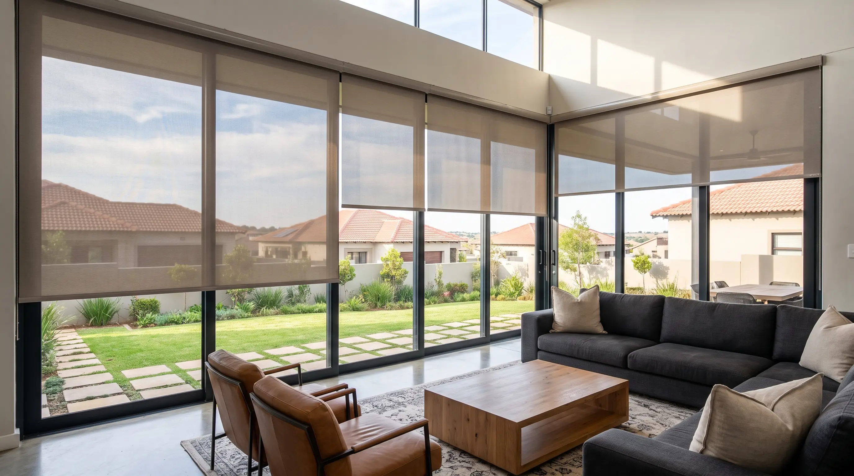 Sunscreen roller blinds on floor-to-ceiling glass in an open-plan Midstream Estate living room, Centurion
