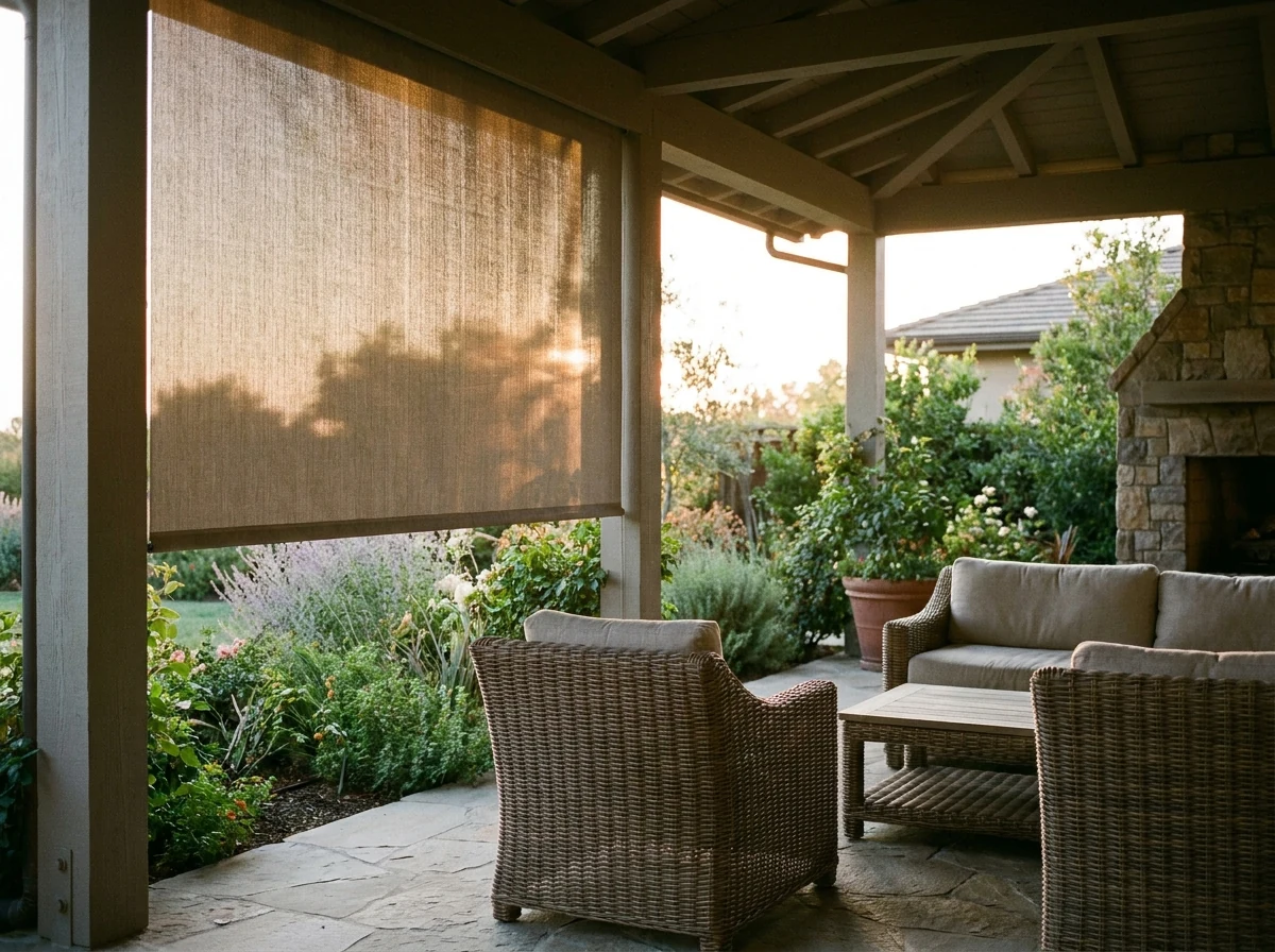 Covered braai patio in a Centurion estate home screened by a drop-down exterior blind at sunset
