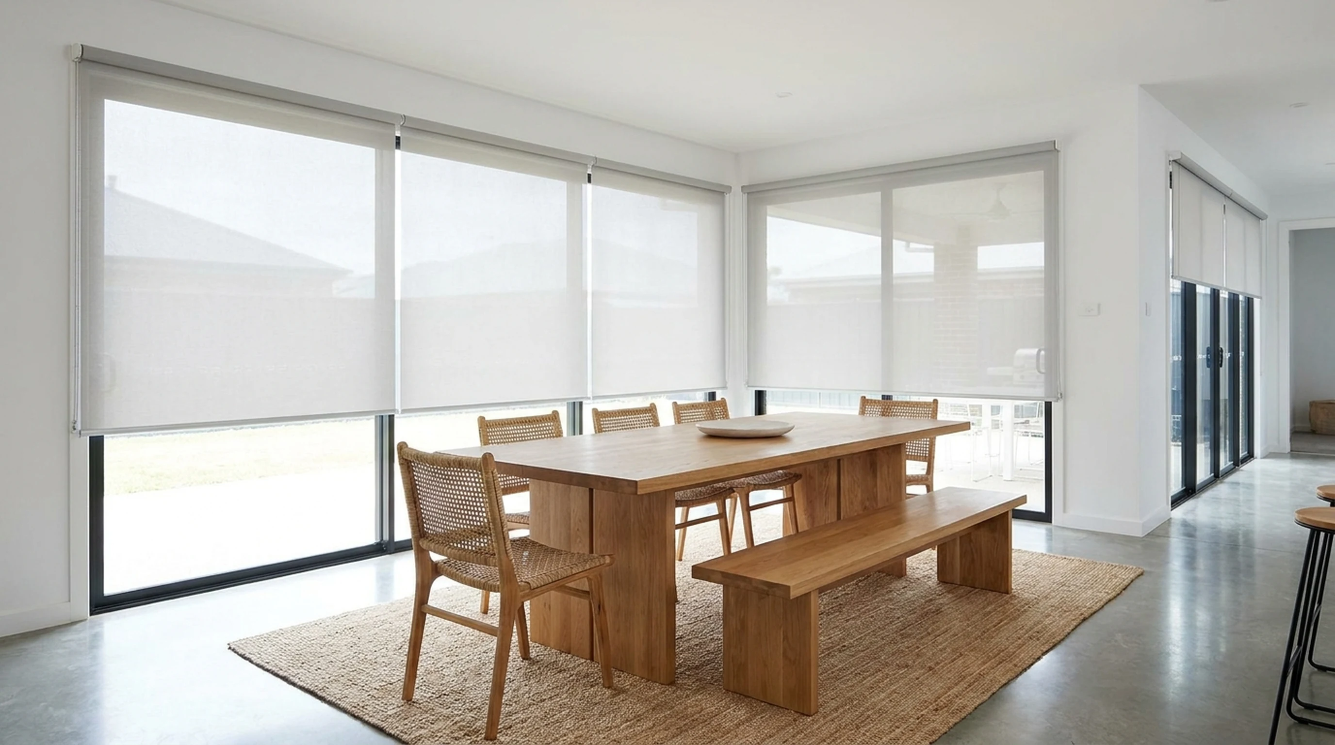 Sunscreen roller blinds on a large sliding glass door in an open-plan Midstream Estate dining room